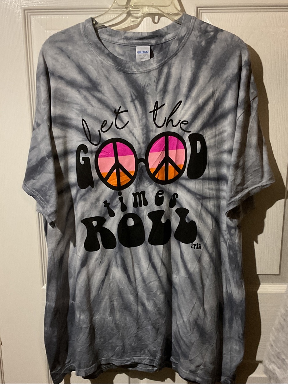 Let the Good Times Roll Gray Tie-Dye Tee with Pink & Orange Peace Signs
